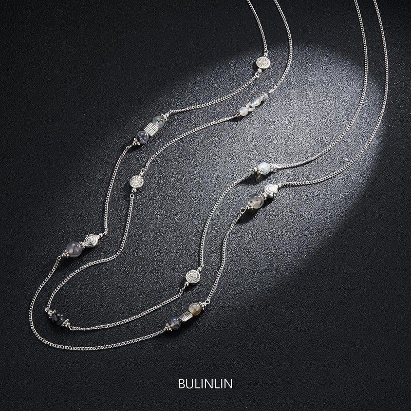BULINLIN Layered Silver Long Necklace for Women Turquoise Stone Beaded Strand Sweater Chain Necklaces Fashion Costume Jewelry Gifts for Mom - Image 1